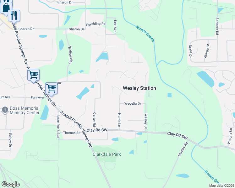 map of restaurants, bars, coffee shops, grocery stores, and more near 3432 Harris Farms Way in Austell