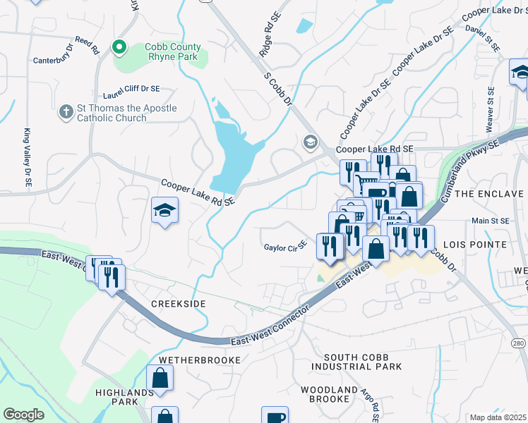 map of restaurants, bars, coffee shops, grocery stores, and more near 4429 Coopers Creek Drive Southeast in Smyrna