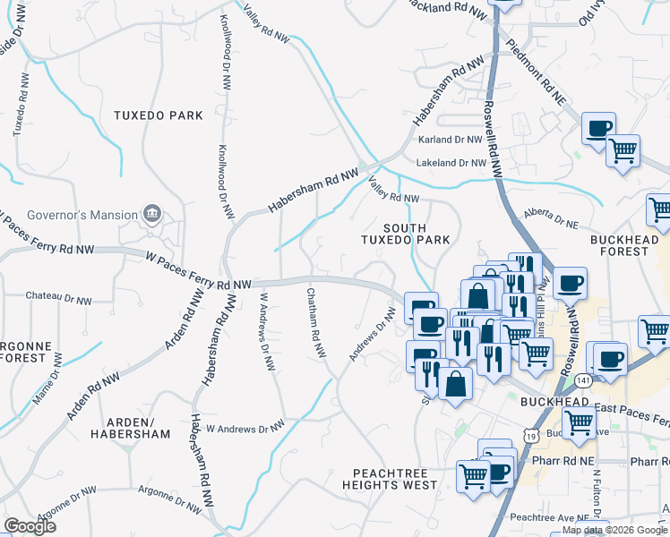 map of restaurants, bars, coffee shops, grocery stores, and more near 195 West Paces Ferry Road Northwest in Atlanta