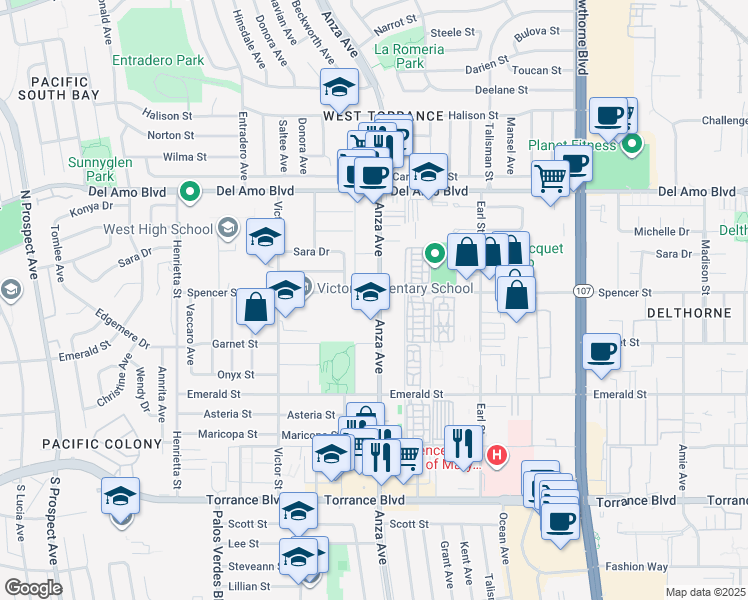 map of restaurants, bars, coffee shops, grocery stores, and more near 20530 Anza Avenue in Torrance