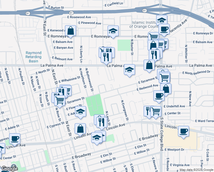 map of restaurants, bars, coffee shops, grocery stores, and more near 566 North Century Drive in Anaheim
