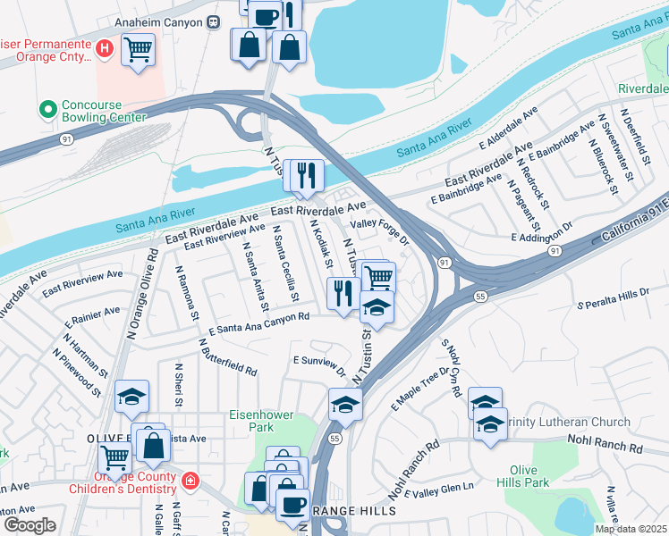 map of restaurants, bars, coffee shops, grocery stores, and more near 228 North Kodiak Street in Anaheim
