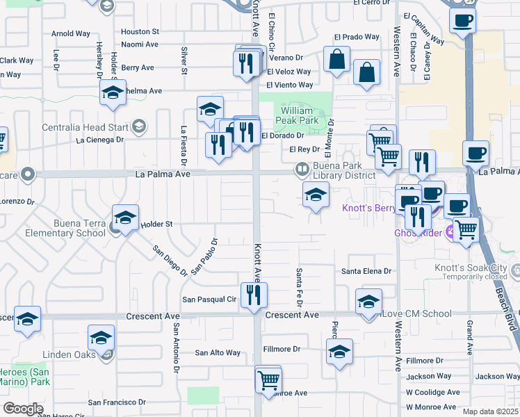 map of restaurants, bars, coffee shops, grocery stores, and more near 10 South Knott Avenue in Buena Park