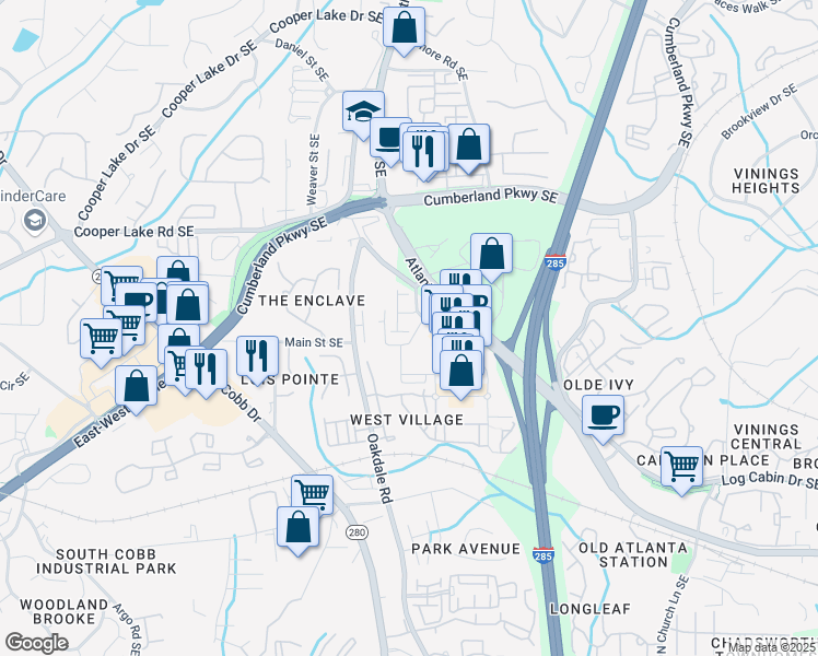 map of restaurants, bars, coffee shops, grocery stores, and more near 2217 Croston Lane in Smyrna