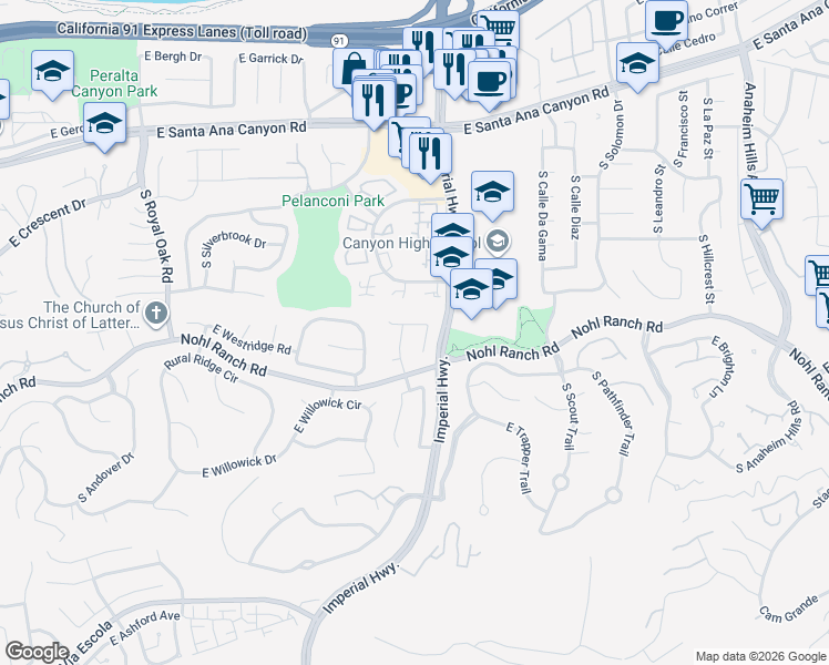 map of restaurants, bars, coffee shops, grocery stores, and more near 450 South Avenue Faro in Anaheim
