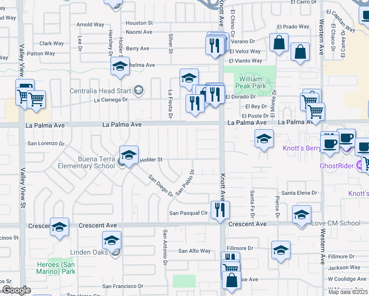 map of restaurants, bars, coffee shops, grocery stores, and more near 8102 San Hilario Circle in Buena Park