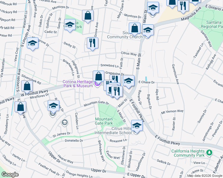 map of restaurants, bars, coffee shops, grocery stores, and more near 330 West Foothill Parkway in Corona