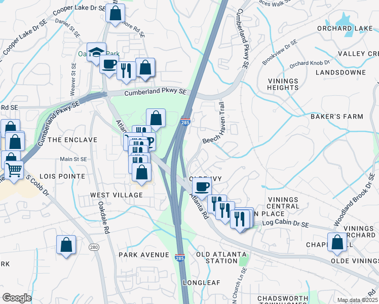 map of restaurants, bars, coffee shops, grocery stores, and more near 4433 Beech Haven Trail in Smyrna