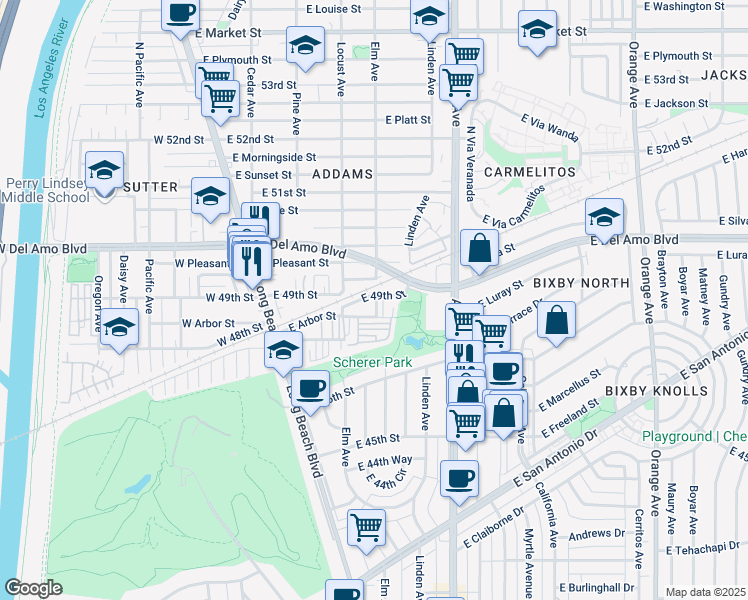 map of restaurants, bars, coffee shops, grocery stores, and more near 413 East Arbor Street in Long Beach
