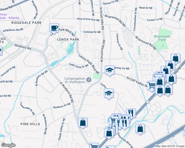 map of restaurants, bars, coffee shops, grocery stores, and more near 1187 Lynmoor Drive Northeast in Atlanta