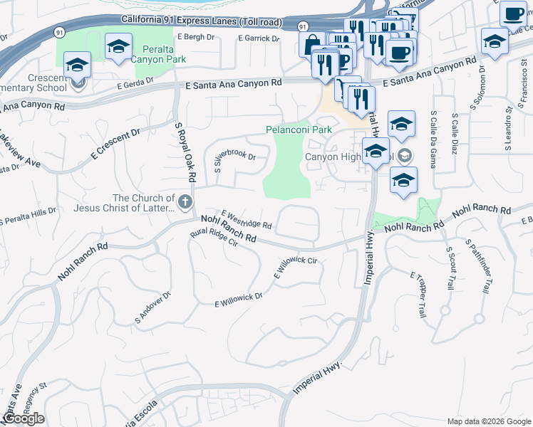 map of restaurants, bars, coffee shops, grocery stores, and more near 412 South Oak Grove Circle in Anaheim