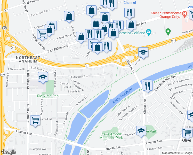 map of restaurants, bars, coffee shops, grocery stores, and more near 406 North Vía Roma in Anaheim