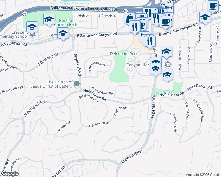 map of restaurants, bars, coffee shops, grocery stores, and more near 412 South Oak Grove Circle in Anaheim