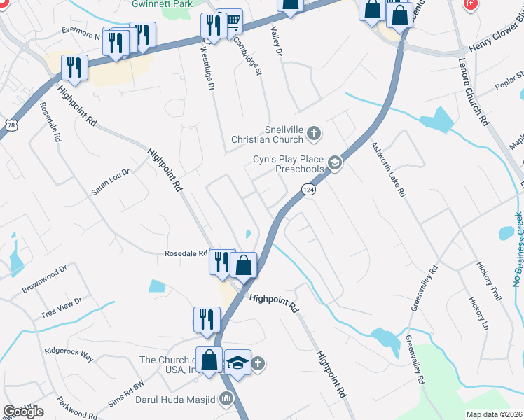 map of restaurants, bars, coffee shops, grocery stores, and more near 2061 Bankston Circle in Snellville