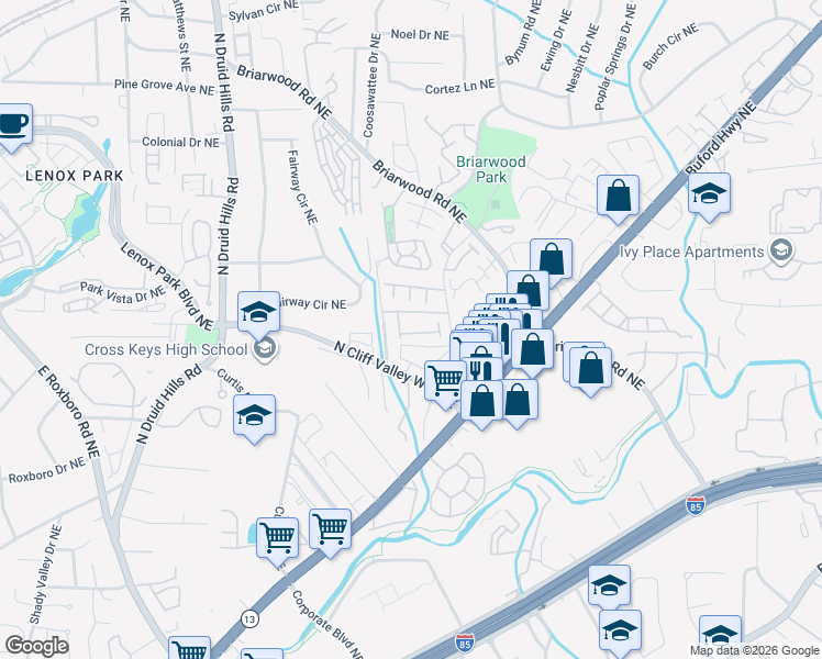 map of restaurants, bars, coffee shops, grocery stores, and more near 2069 Coosawattee Drive Northeast in Atlanta