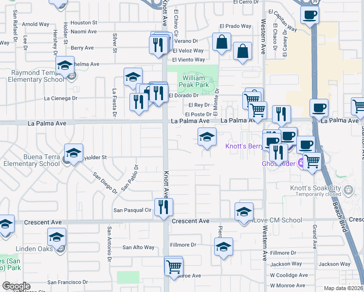 map of restaurants, bars, coffee shops, grocery stores, and more near 7035 Santa Irene Circle in Buena Park