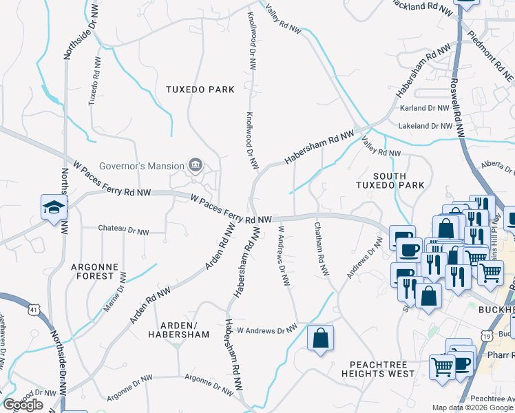 map of restaurants, bars, coffee shops, grocery stores, and more near 3270 Habersham Road Northwest in Atlanta