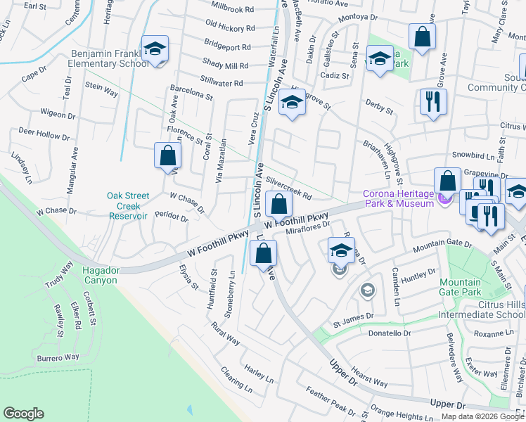 map of restaurants, bars, coffee shops, grocery stores, and more near 3192 Hideout Lane in Corona