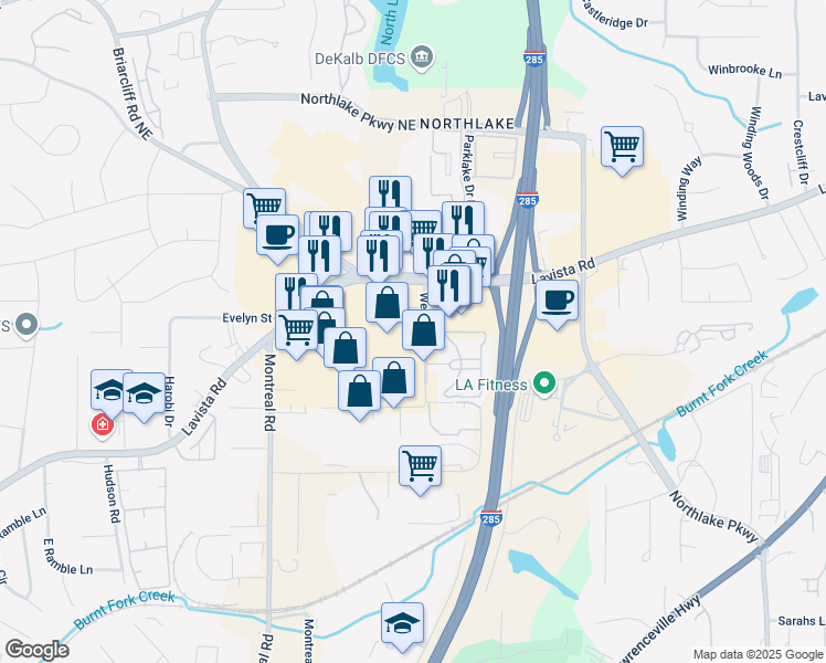 map of restaurants, bars, coffee shops, grocery stores, and more near 4083 Lavista Road in Tucker