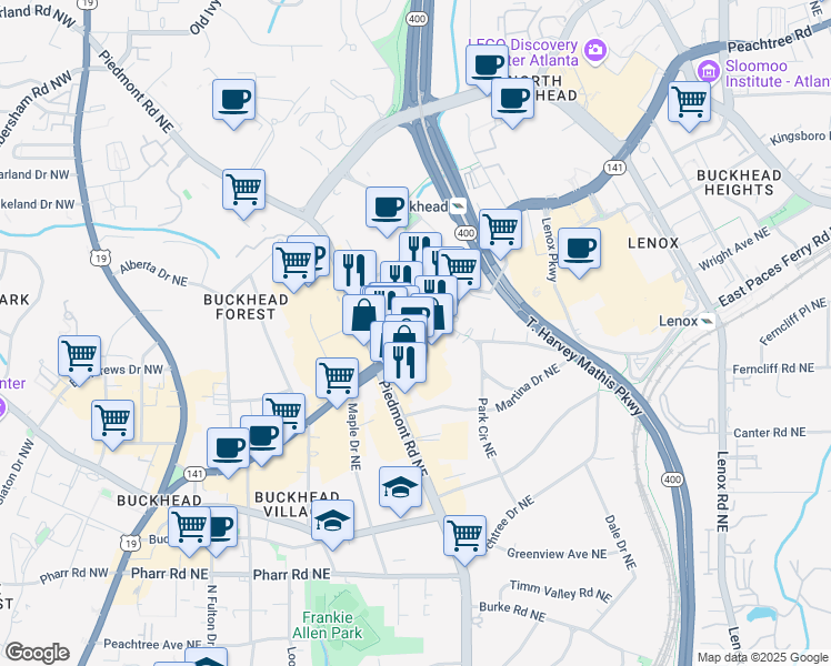 map of restaurants, bars, coffee shops, grocery stores, and more near 3258 Peachtree Road Northeast in Atlanta