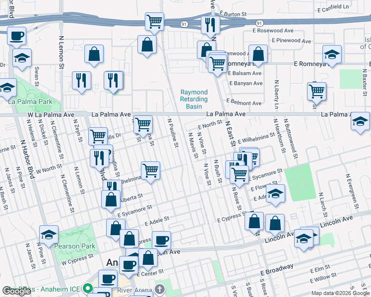 map of restaurants, bars, coffee shops, grocery stores, and more near 758 North Ethan Way in Anaheim