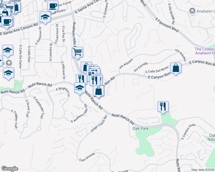 map of restaurants, bars, coffee shops, grocery stores, and more near 545 South Ranch View Circle in Anaheim