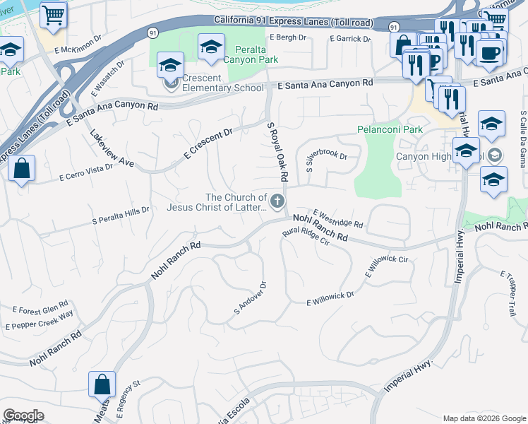 map of restaurants, bars, coffee shops, grocery stores, and more near 418 South Rolling Hills Place in Anaheim