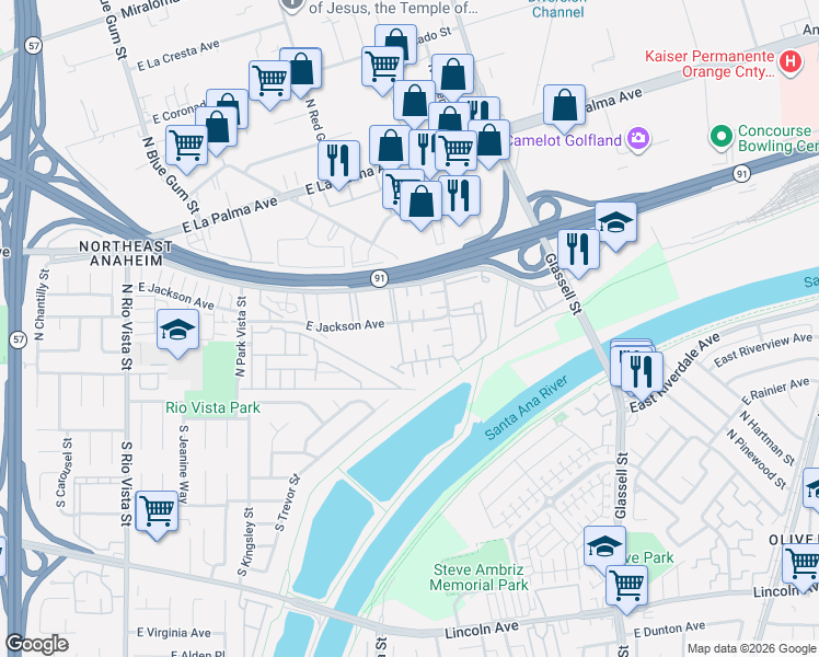 map of restaurants, bars, coffee shops, grocery stores, and more near 2976 East Jackson Avenue in Anaheim