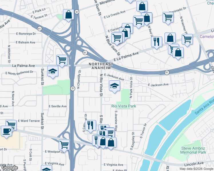 map of restaurants, bars, coffee shops, grocery stores, and more near 400 North Rio Vista Street in Anaheim