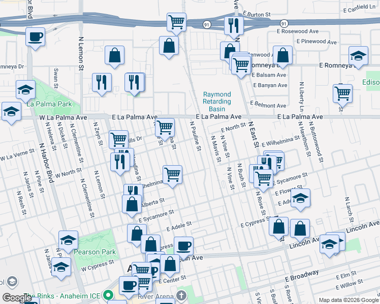 map of restaurants, bars, coffee shops, grocery stores, and more near 728 North Topeka Street in Anaheim