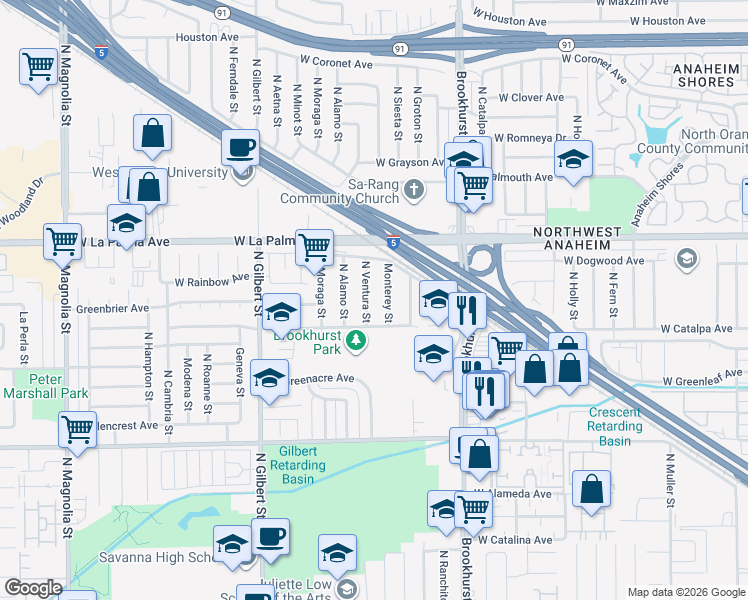 map of restaurants, bars, coffee shops, grocery stores, and more near 926 North Ventura Street in Anaheim