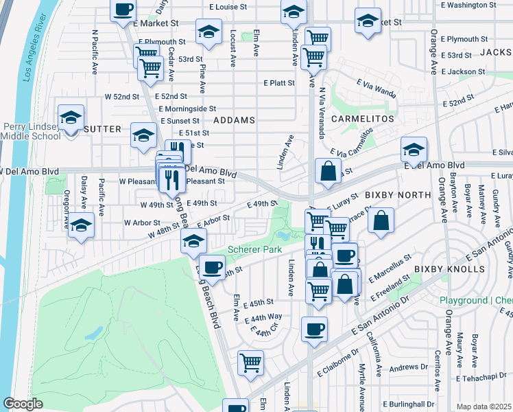 map of restaurants, bars, coffee shops, grocery stores, and more near 413 East Arbor Street in Long Beach