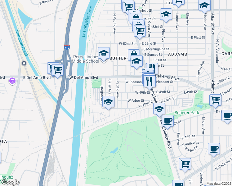 map of restaurants, bars, coffee shops, grocery stores, and more near 4885 Pacific Avenue in Long Beach