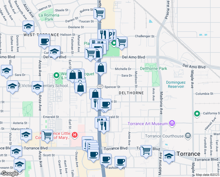 map of restaurants, bars, coffee shops, grocery stores, and more near 3708 Spencer Street in Torrance