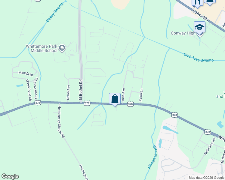 map of restaurants, bars, coffee shops, grocery stores, and more near 2300 Acie Avenue in Conway