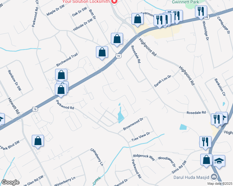 map of restaurants, bars, coffee shops, grocery stores, and more near 2361 Georgia Lane in Snellville