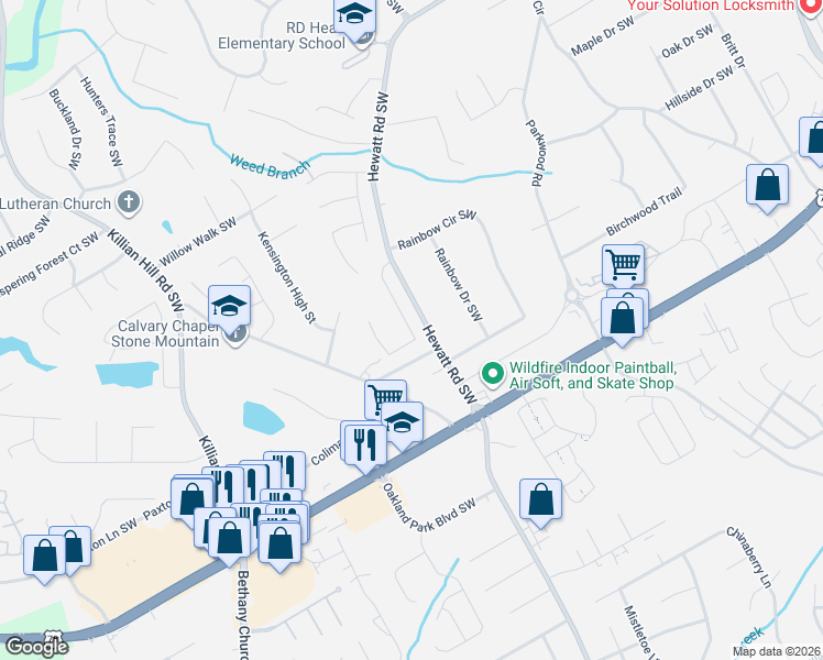 map of restaurants, bars, coffee shops, grocery stores, and more near 2078 Hewatt Road Southwest in Lilburn