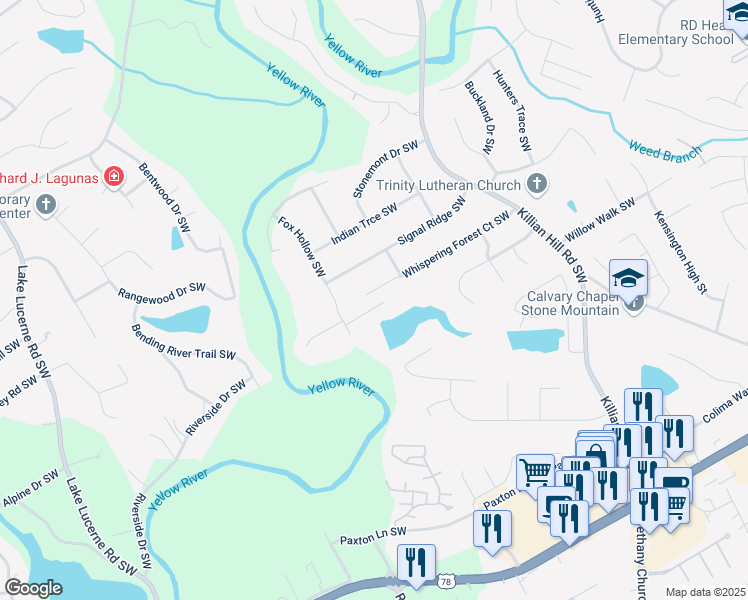 map of restaurants, bars, coffee shops, grocery stores, and more near 4172 Whispering Forest Court Southwest in Lilburn