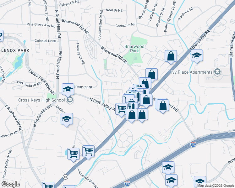 map of restaurants, bars, coffee shops, grocery stores, and more near 2069 Coosawattee Drive Northeast in Atlanta