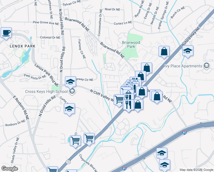 map of restaurants, bars, coffee shops, grocery stores, and more near 1348 North Cliff Valley Way Northeast in Atlanta