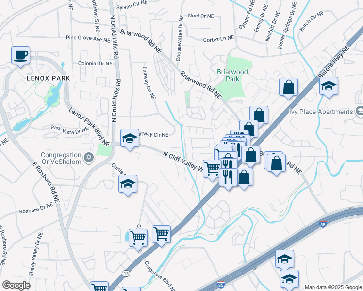 map of restaurants, bars, coffee shops, grocery stores, and more near 1348 North Cliff Valley Way Northeast in Atlanta