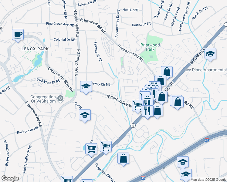 map of restaurants, bars, coffee shops, grocery stores, and more near 1338 North Cliff Valley Way Northeast in Atlanta
