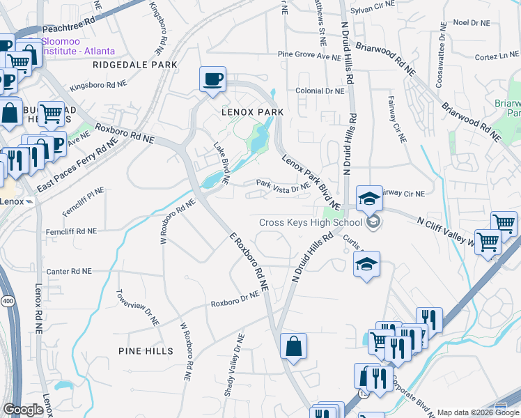 map of restaurants, bars, coffee shops, grocery stores, and more near 1063 Lynmoor Drive Northeast in Atlanta