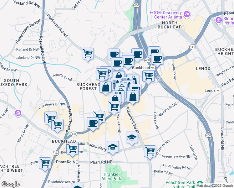 map of restaurants, bars, coffee shops, grocery stores, and more near 3280 Peachtree Road Northeast in Atlanta