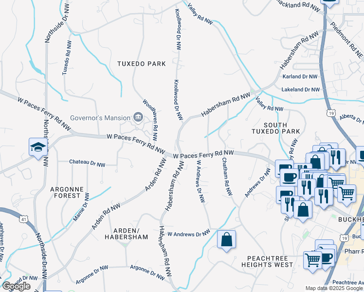 map of restaurants, bars, coffee shops, grocery stores, and more near 3281 Habersham Road Northwest in Atlanta
