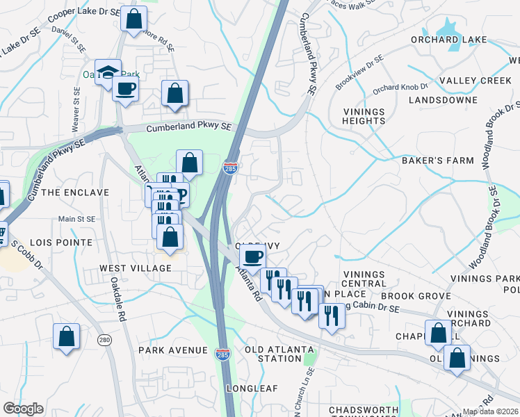 map of restaurants, bars, coffee shops, grocery stores, and more near 4629 Ivy Gate Circle Southeast in Atlanta