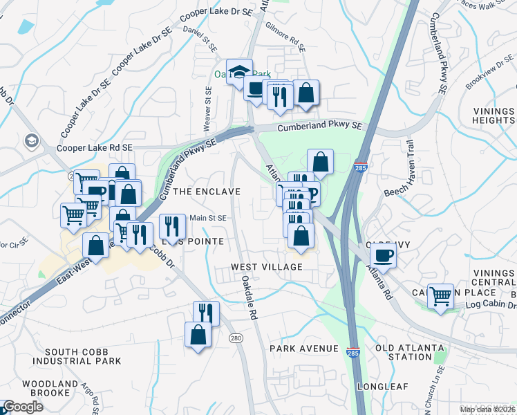 map of restaurants, bars, coffee shops, grocery stores, and more near 4564 Nickajack Drive Southeast in Smyrna