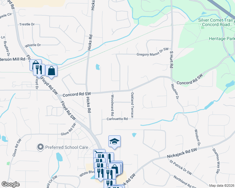 map of restaurants, bars, coffee shops, grocery stores, and more near 689 Concord Road Southwest in Smyrna