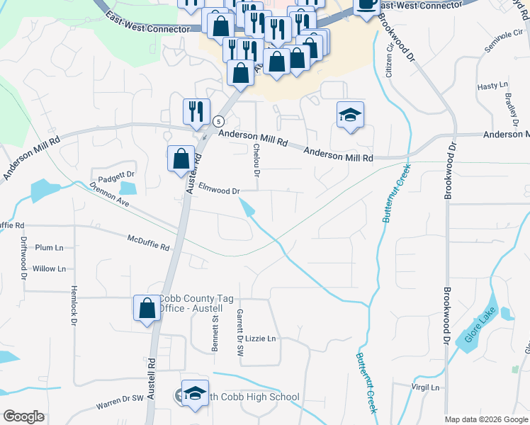 map of restaurants, bars, coffee shops, grocery stores, and more near 4474 Pair Valley Drive in Austell