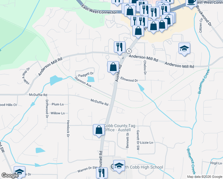 map of restaurants, bars, coffee shops, grocery stores, and more near 1940 Drennon Avenue in Austell